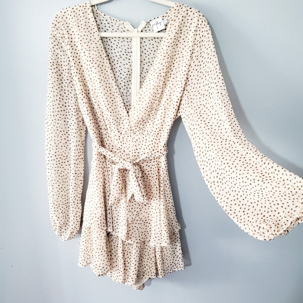 Polly Cream Polka Dot Wrap Romper Dress Sz US 10 Boho Ruffle Mini Tie Waist - Picture 4 of 11